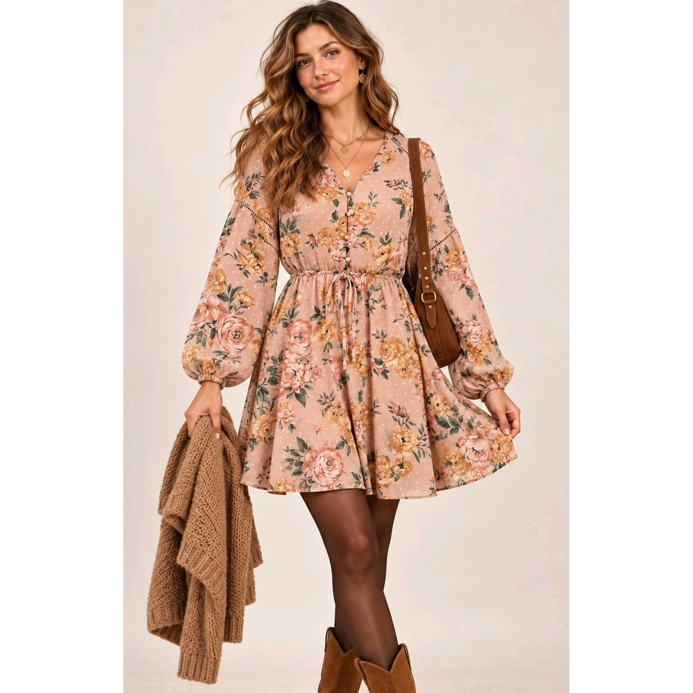 Boho Cottagecore Floral Mini Dress L Blush Pink Balloon Sleeve Romantic Prairie